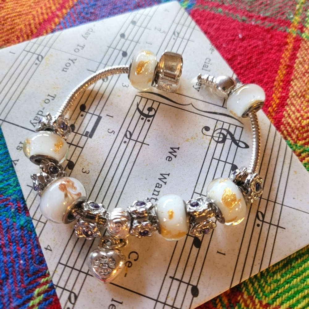 Elegant Silver and White Charm Bracelet, Signed Pandora